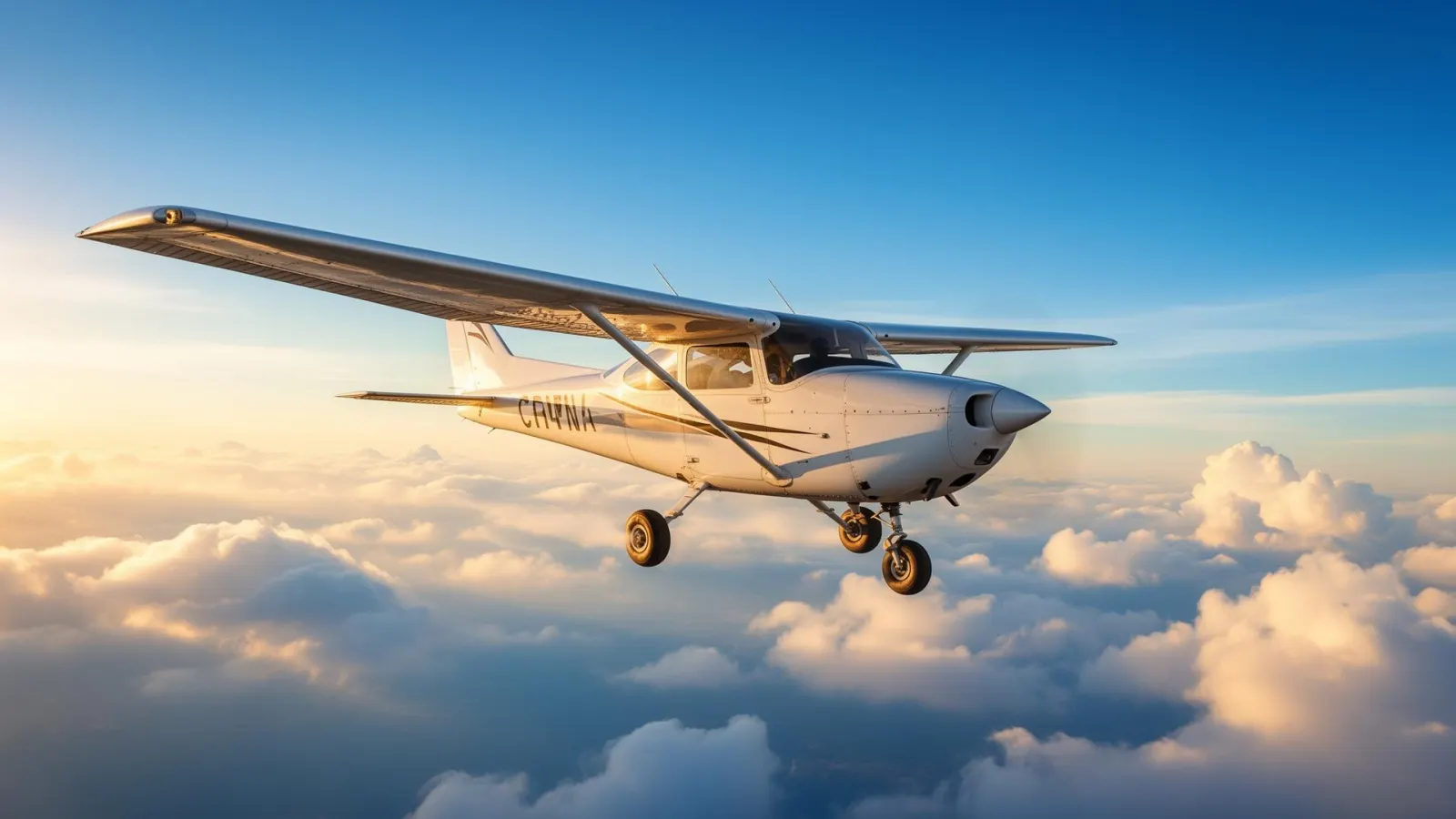 Small aircraft flying through beautiful blue skies - checkride preparation